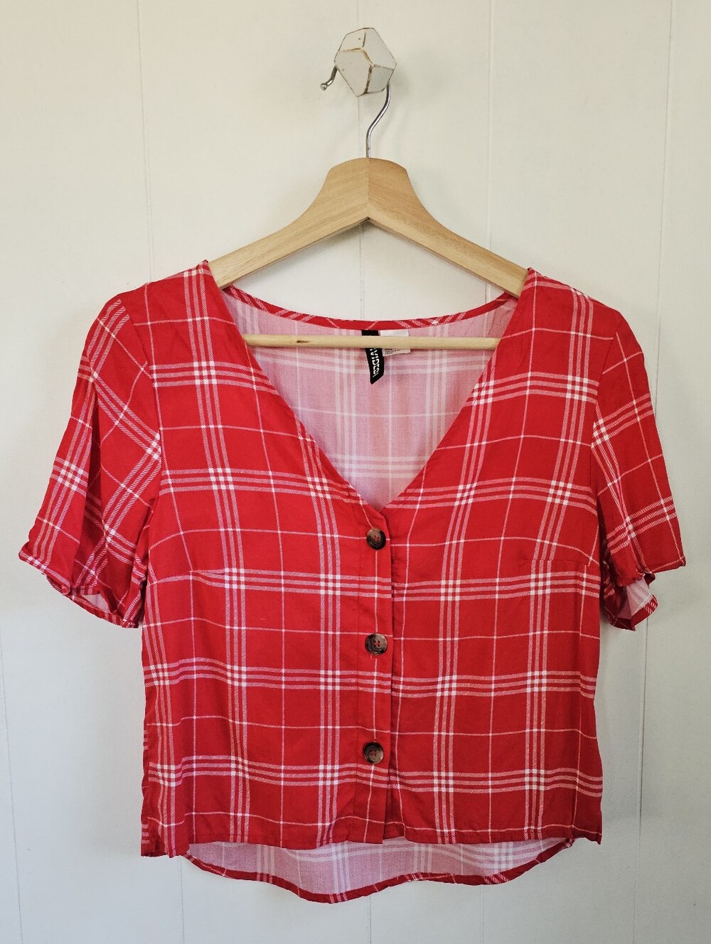 H&M Red Plaid Button-Front V-Neck Top